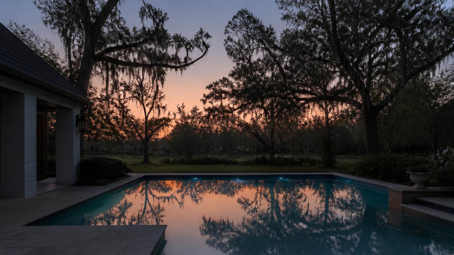 Dusk residential pool under live oaks — custom swimming pool builders in Covington, LA